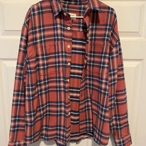American Eagle Outfitters Rust Plaid Button-Down Shirt with Navy & Cream